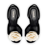 Larroude Salma Sandal In Black Suede and Ivory Satin