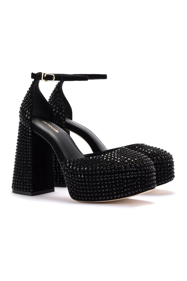 Larroude Ari Crystal Pump In Monochrome Black Suede