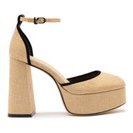 Larroude Ari Pump In Beige Raffia and Black Trimming