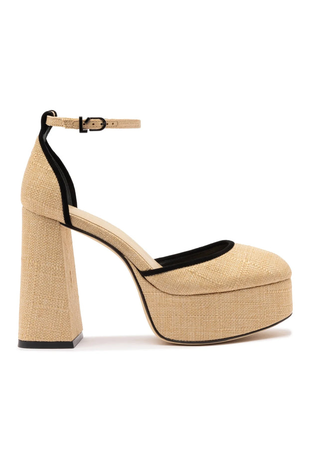Larroude Ari Pump In Beige Raffia and Black Trimming