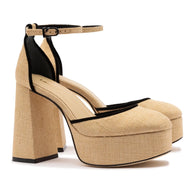 Larroude Ari Pump In Beige Raffia and Black Trimming