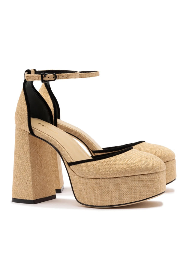 Larroude Ari Pump In Beige Raffia and Black Trimming