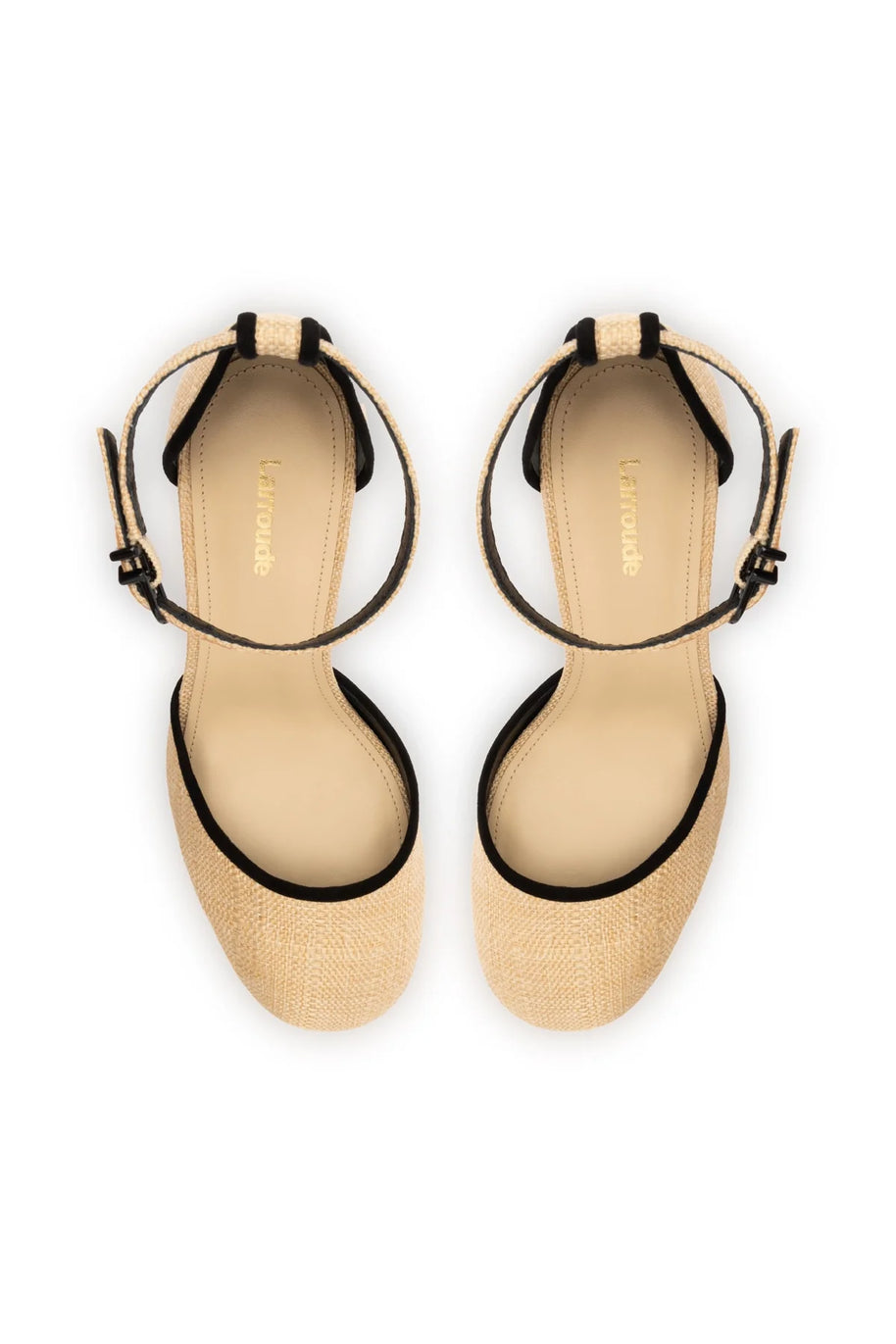 Larroude Ari Pump In Beige Raffia and Black Trimming