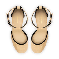 Larroude Ari Pump In Beige Raffia and Black Trimming