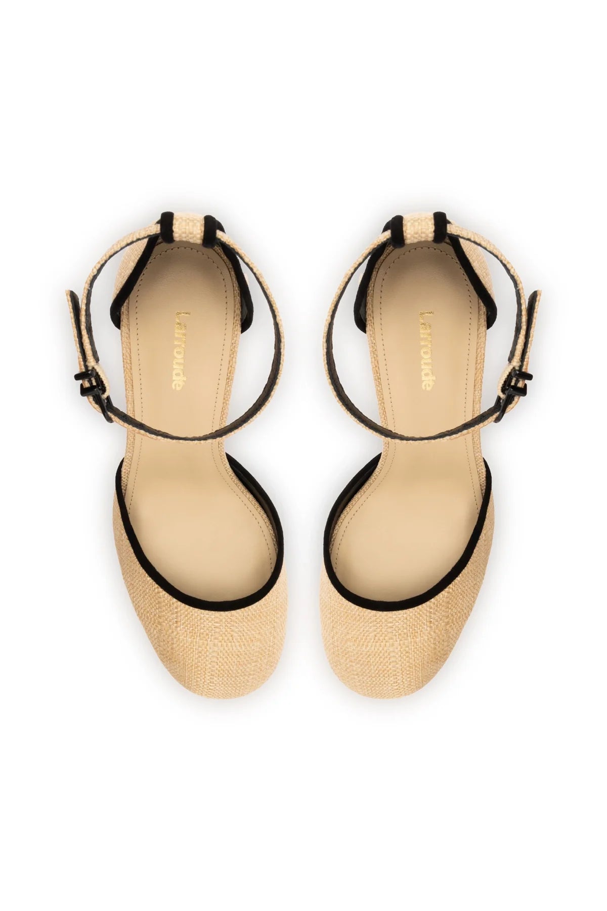 Larroude Ari Pump In Beige Raffia and Black Trimming