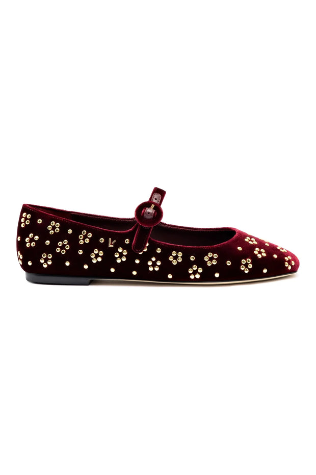 Larroude Blair Ballet Flat In Wine Velvet And Gold Studs