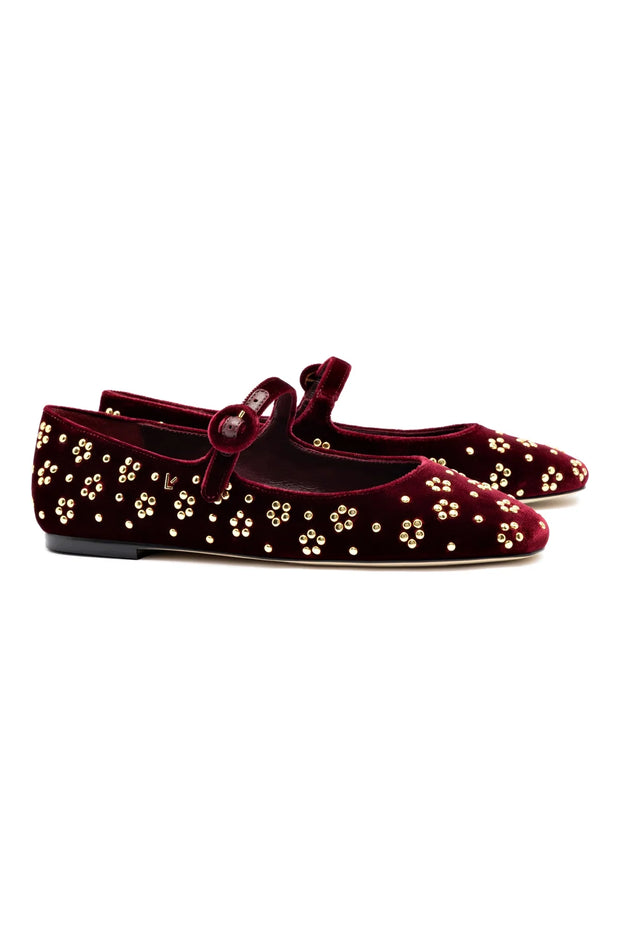 Larroude Blair Ballet Flat In Wine Velvet And Gold Studs