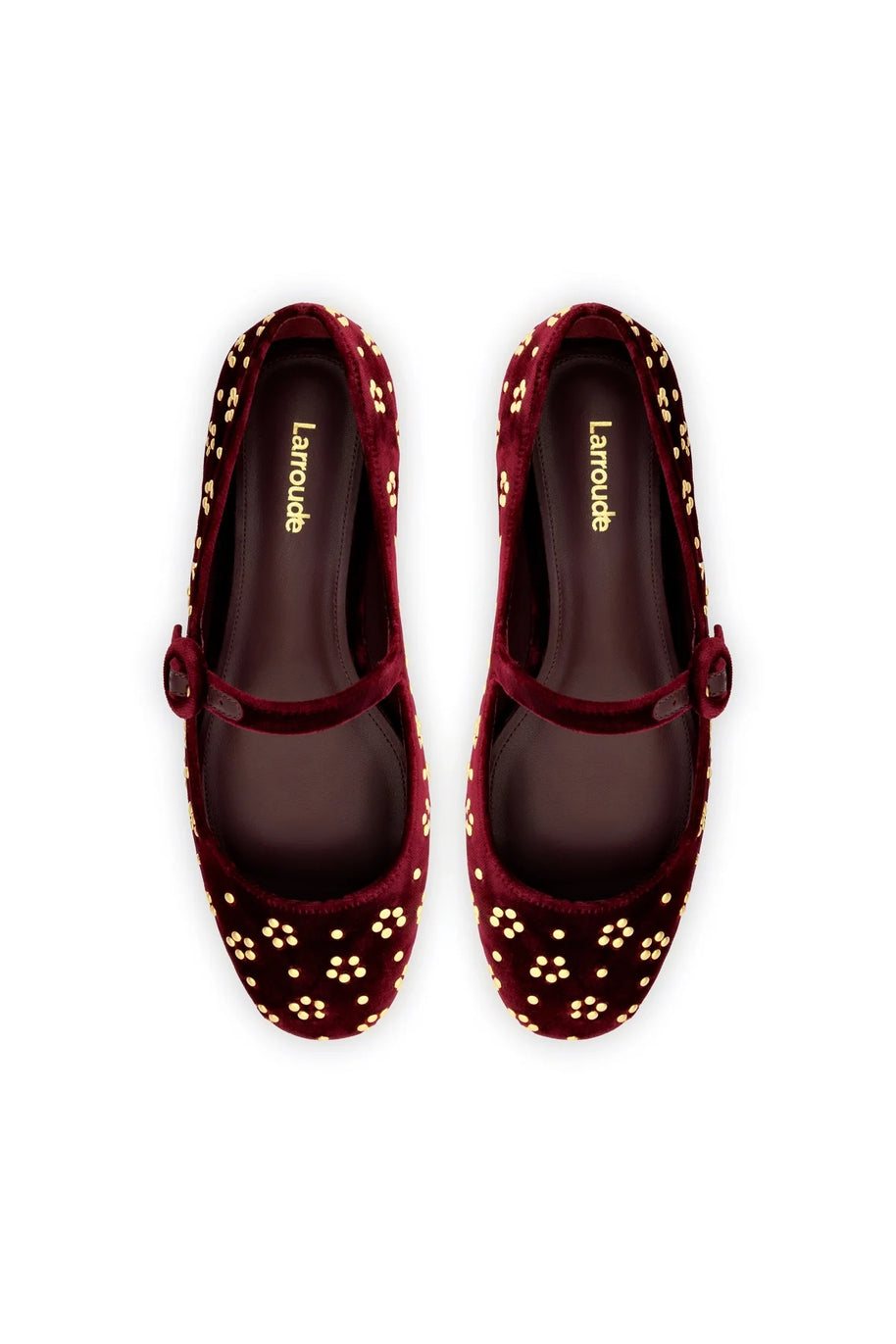 Larroude Blair Ballet Flat In Wine Velvet And Gold Studs