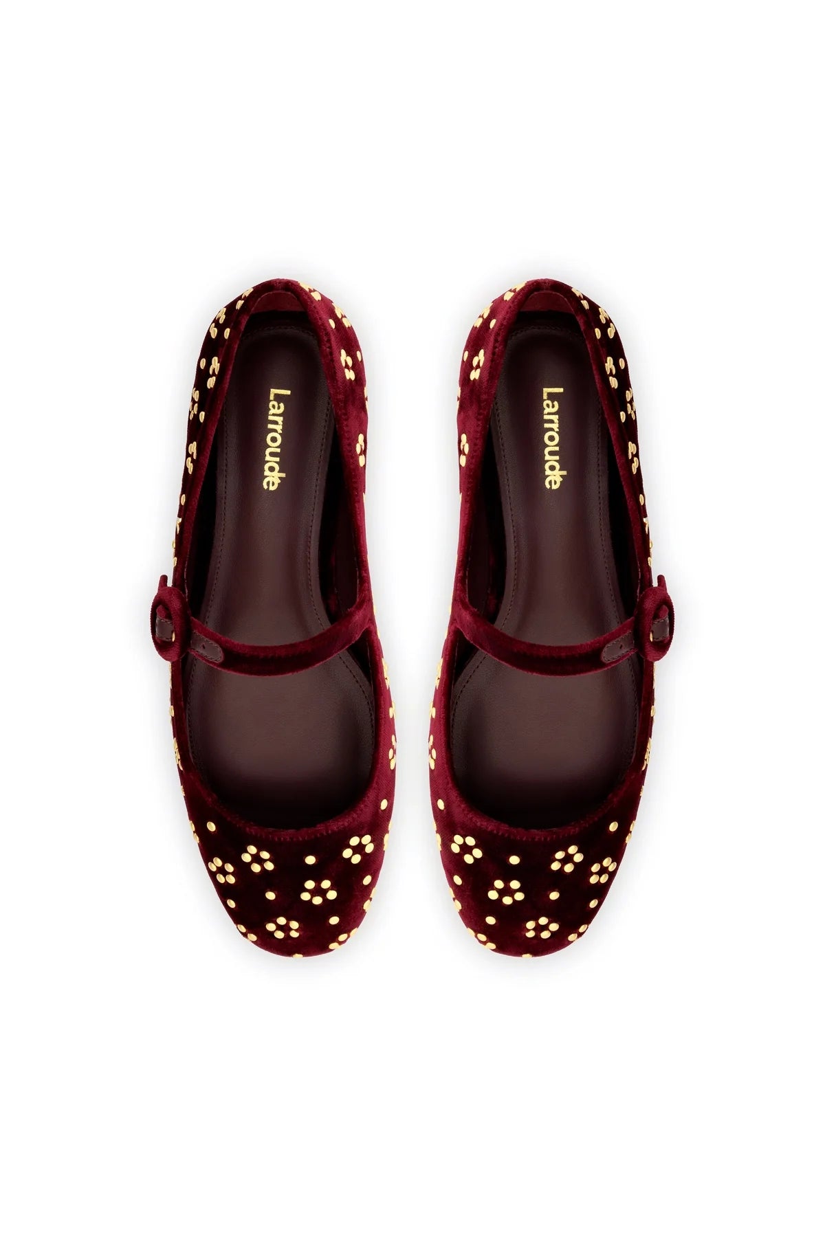 Larroude Blair Ballet Flat In Wine Velvet And Gold Studs