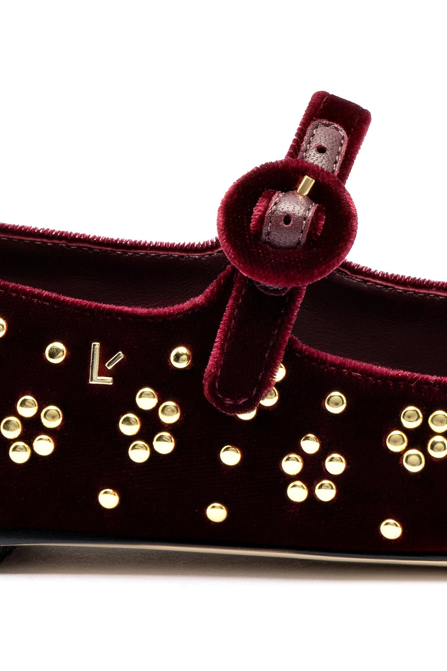 Larroude Blair Ballet Flat In Wine Velvet And Gold Studs