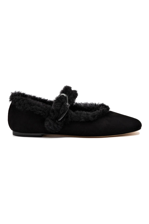 Larroude Verona Ballet Flat In Black Suede And Black Shearling