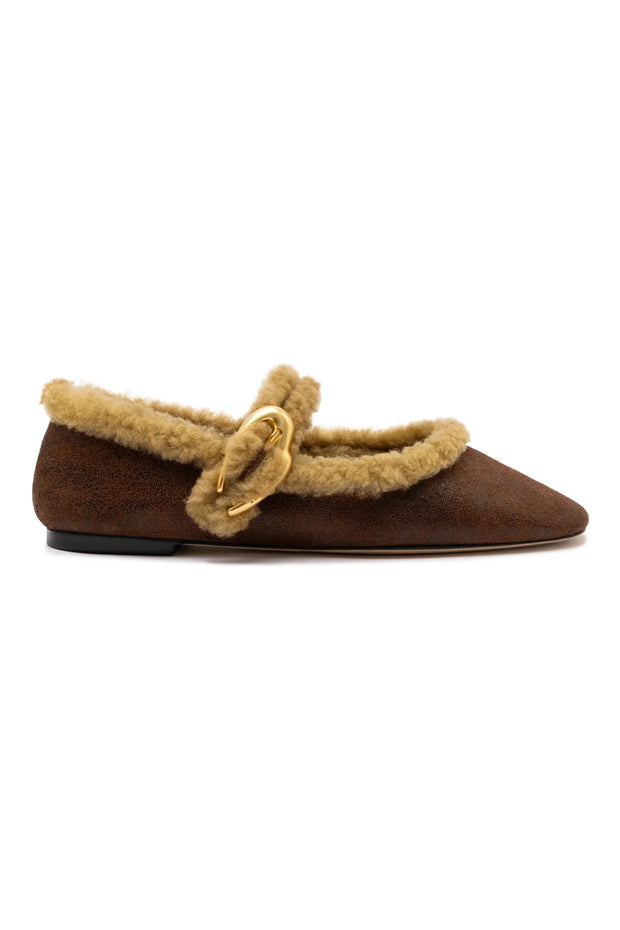 Larroude Verona Ballet Flat In Cocoa Leather And Natural Shearling