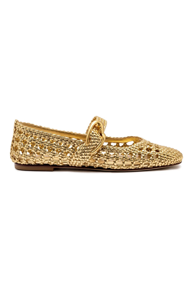 Larroude Verona Macrame Ballet Flat In Gold Metallic Leather