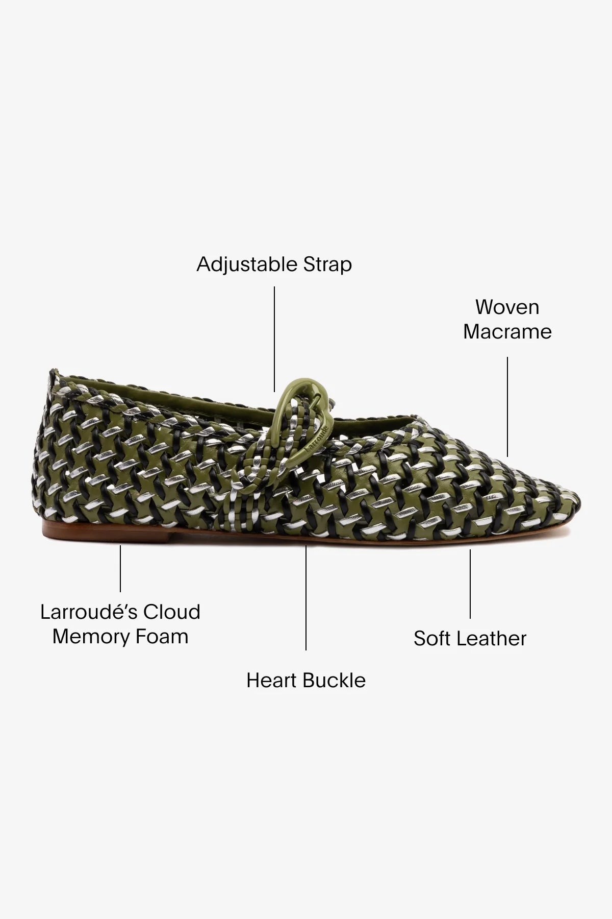 Larroude Verona Macrame Ballet Flat In Seaweed, Black And Silver Metallic Leather