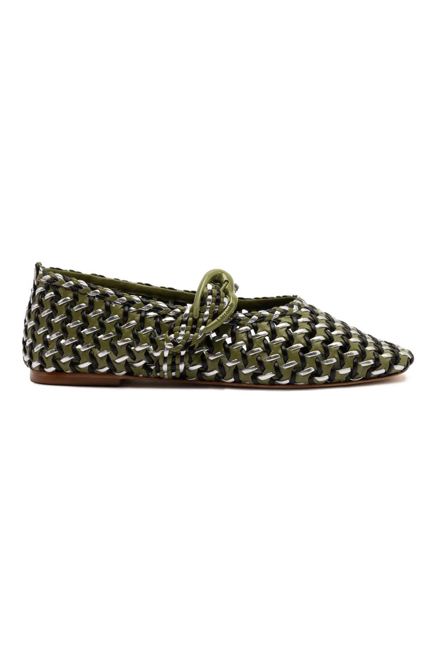 Larroude Verona Macrame Ballet Flat In Seaweed, Black And Silver Metallic Leather
