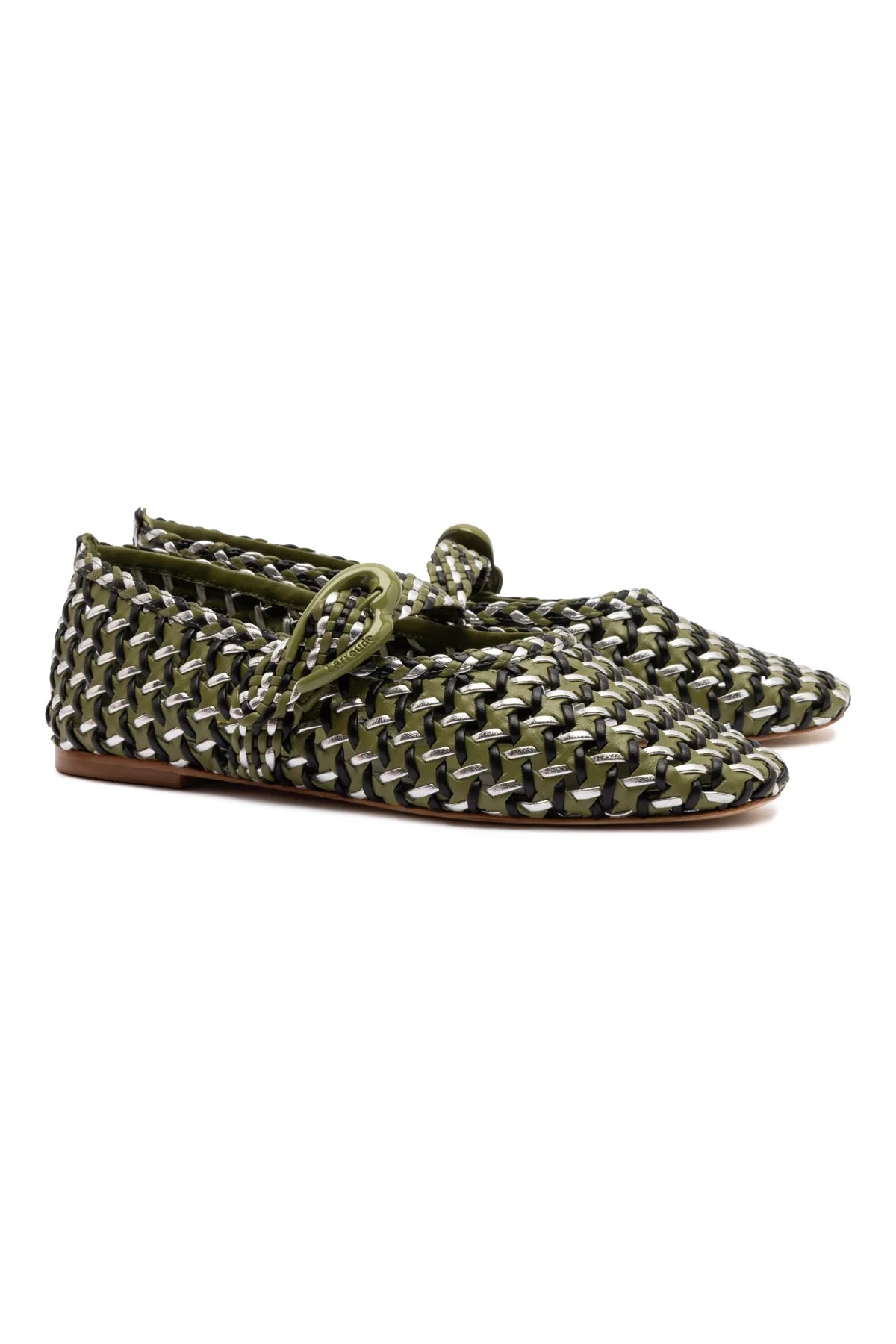 Larroude Verona Macrame Ballet Flat In Seaweed, Black And Silver Metallic Leather