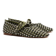 Larroude Verona Macrame Ballet Flat In Seaweed, Black And Silver Metallic Leather