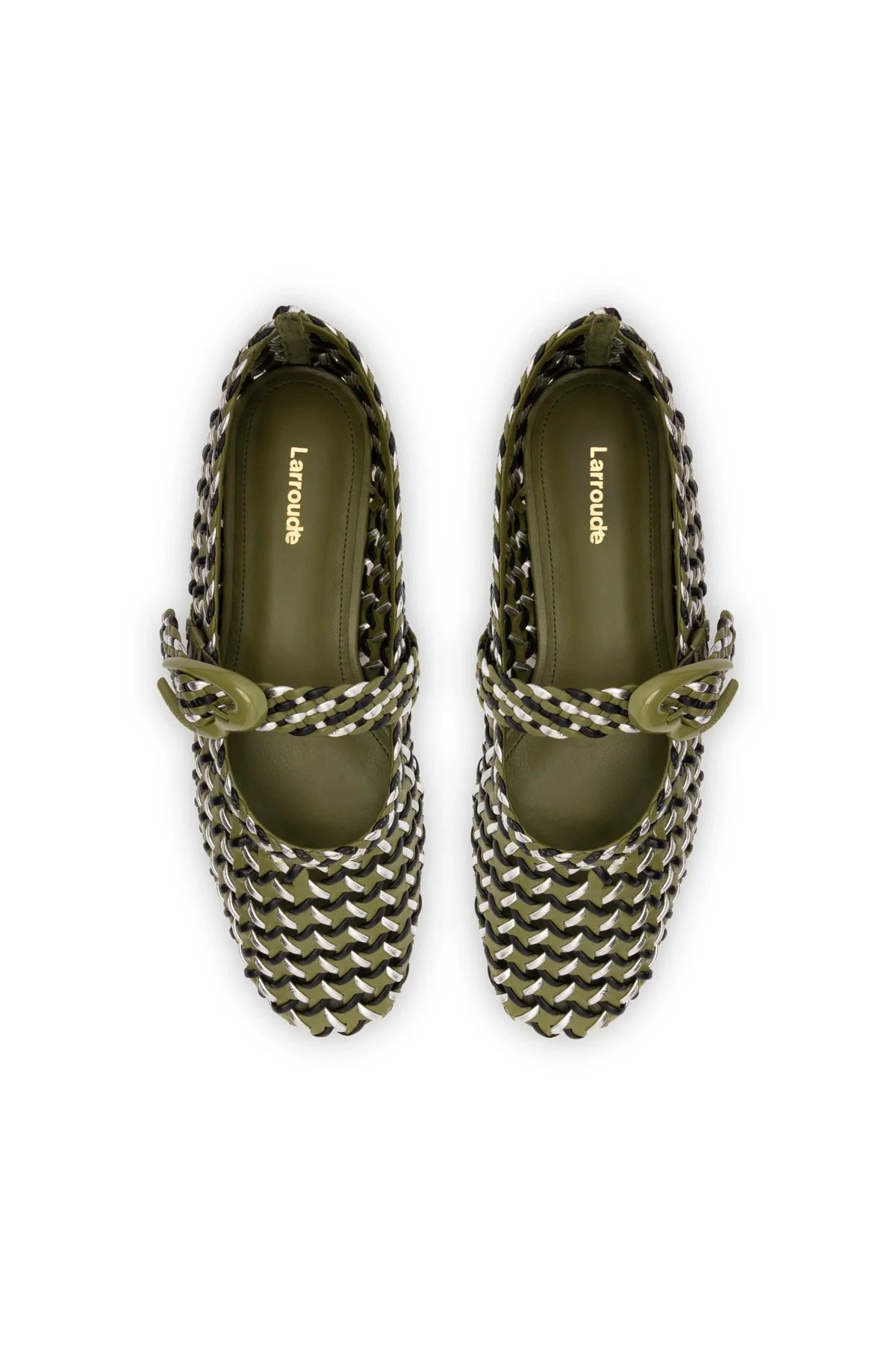 Larroude Verona Macrame Ballet Flat In Seaweed, Black And Silver Metallic Leather