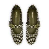 Larroude Verona Macrame Ballet Flat In Seaweed, Black And Silver Metallic Leather