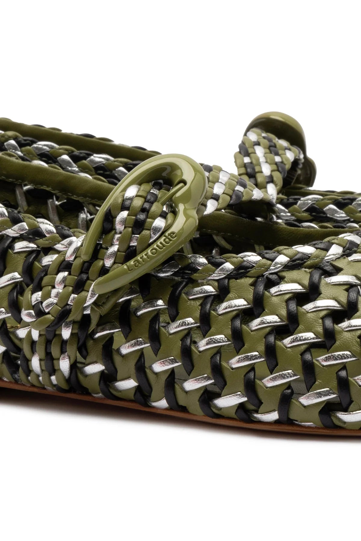 Larroude Verona Macrame Ballet Flat In Seaweed, Black And Silver Metallic Leather