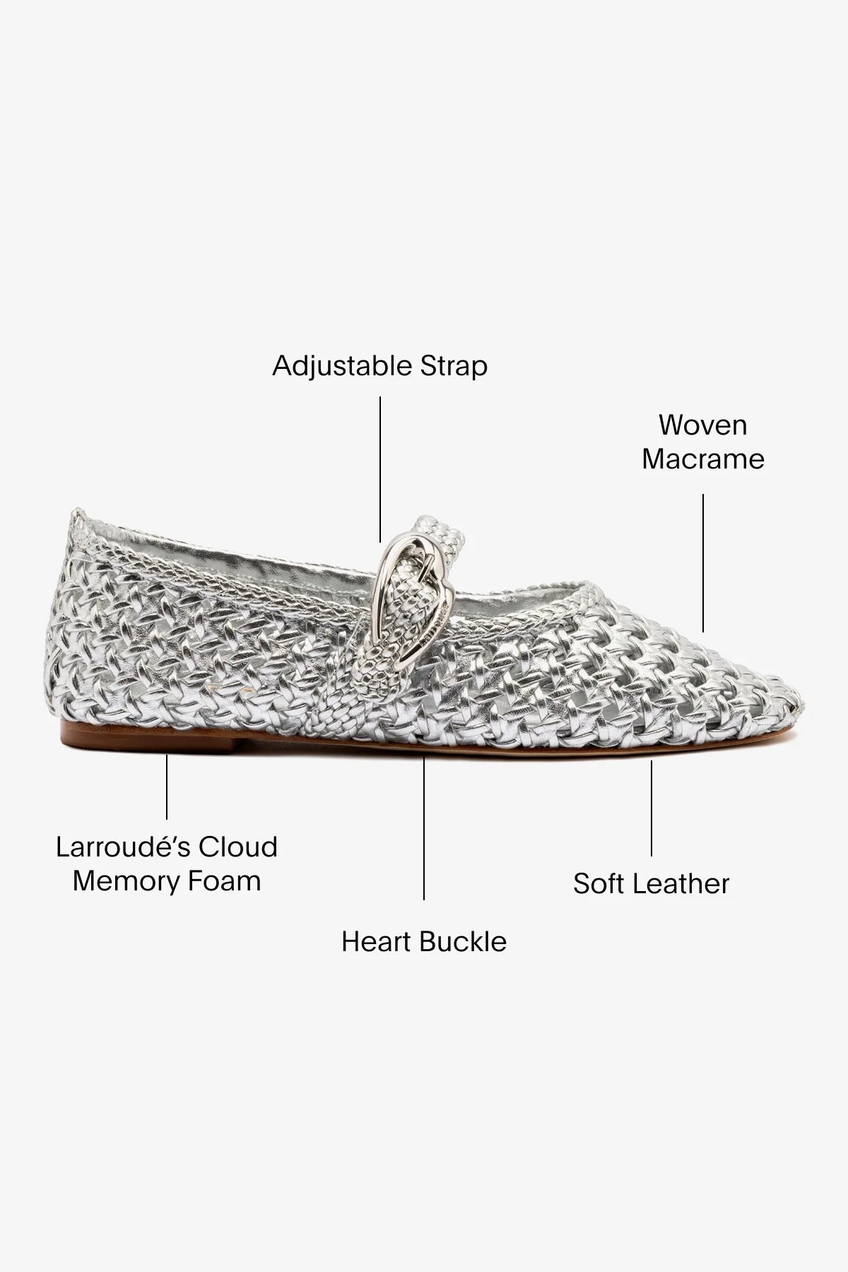 Larroude Verona Macrame Ballet Flat In SIlver Metallic Leather