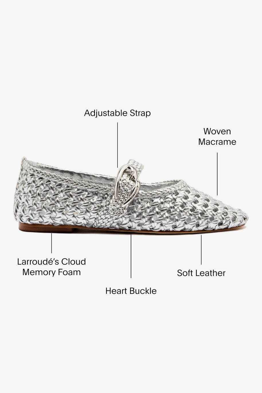 Larroude Verona Macrame Ballet Flat In SIlver Metallic Leather