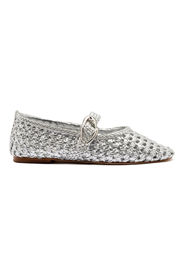 Larroude Verona Macrame Ballet Flat In SIlver Metallic Leather