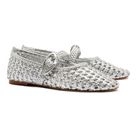 Larroude Verona Macrame Ballet Flat In SIlver Metallic Leather