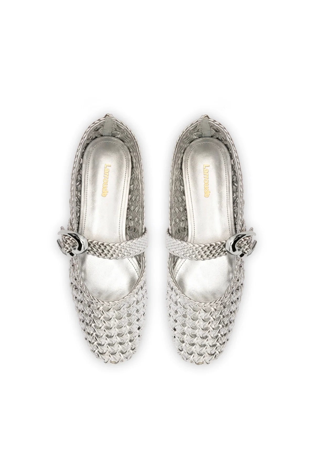 Larroude Verona Macrame Ballet Flat In SIlver Metallic Leather