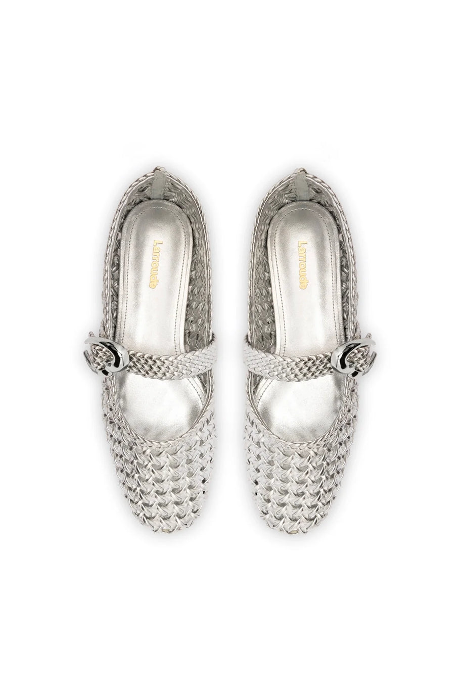 Larroude Verona Macrame Ballet Flat In SIlver Metallic Leather