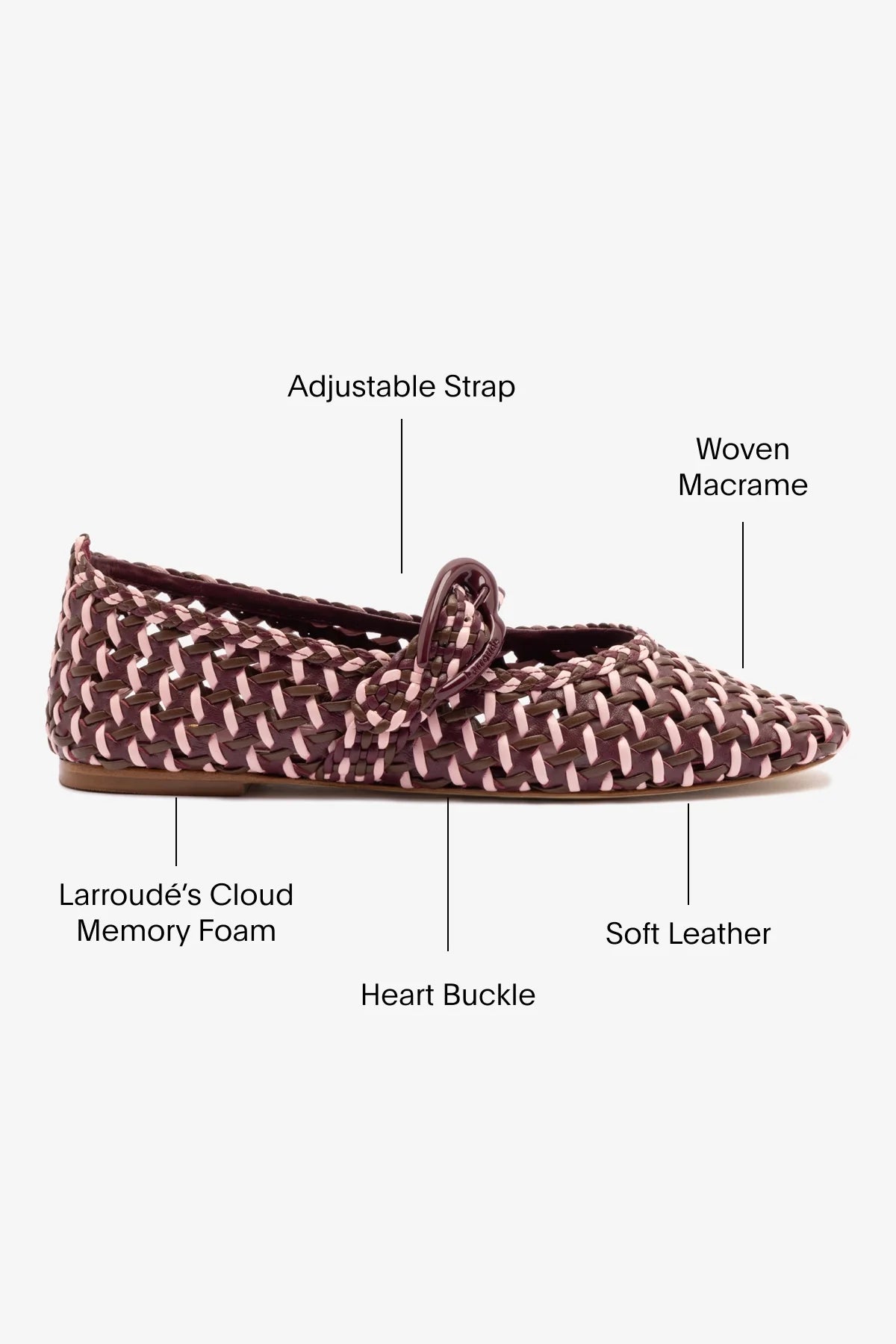 Larroude Verona Macrame Ballet Flat In Wine, Tulip And Burnt Umber Leather