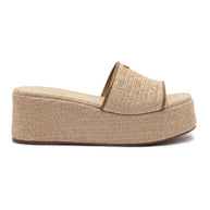 Larroude Alex Flatform Mule In Natural Raffia And Hazelnut Trimming
