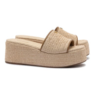 Larroude Alex Flatform Mule In Natural Raffia And Hazelnut Trimming