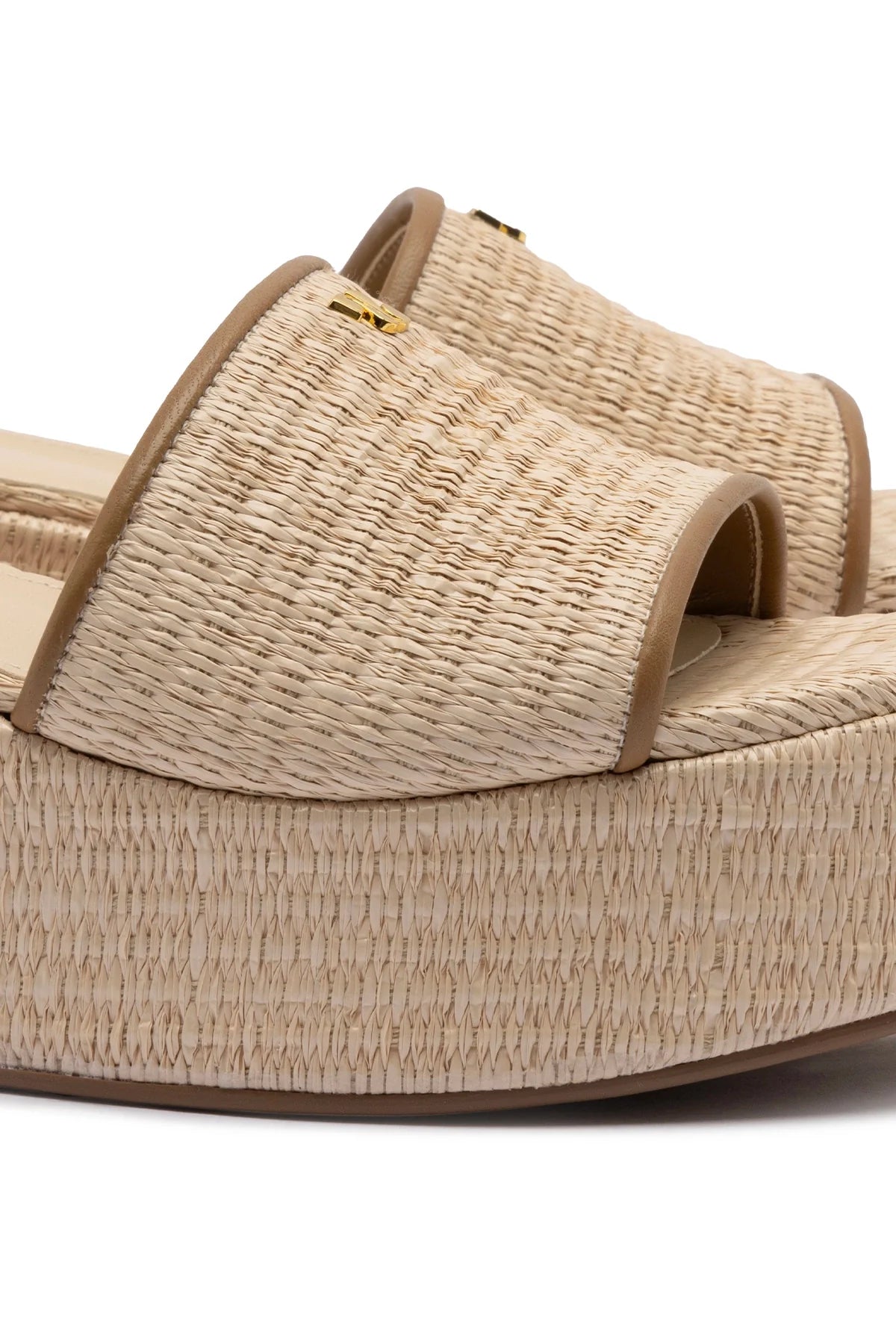 Larroude Alex Flatform Mule In Natural Raffia And Hazelnut Trimming