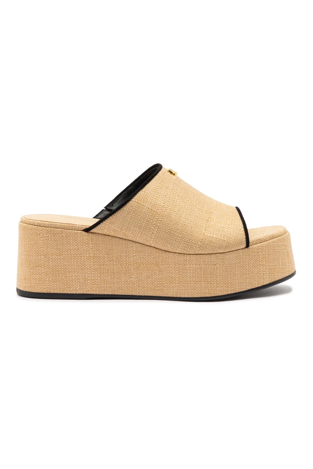 Larroude Charli Mule In Beige Raffia and Black Trimming