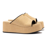 Larroude Charli Mule In Beige Raffia and Black Trimming