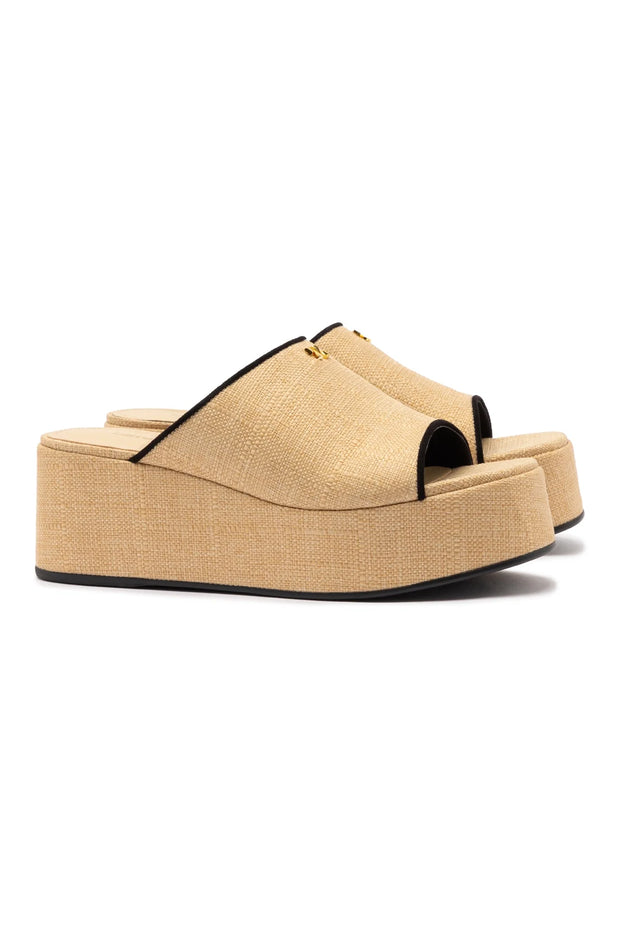 Larroude Charli Mule In Beige Raffia and Black Trimming