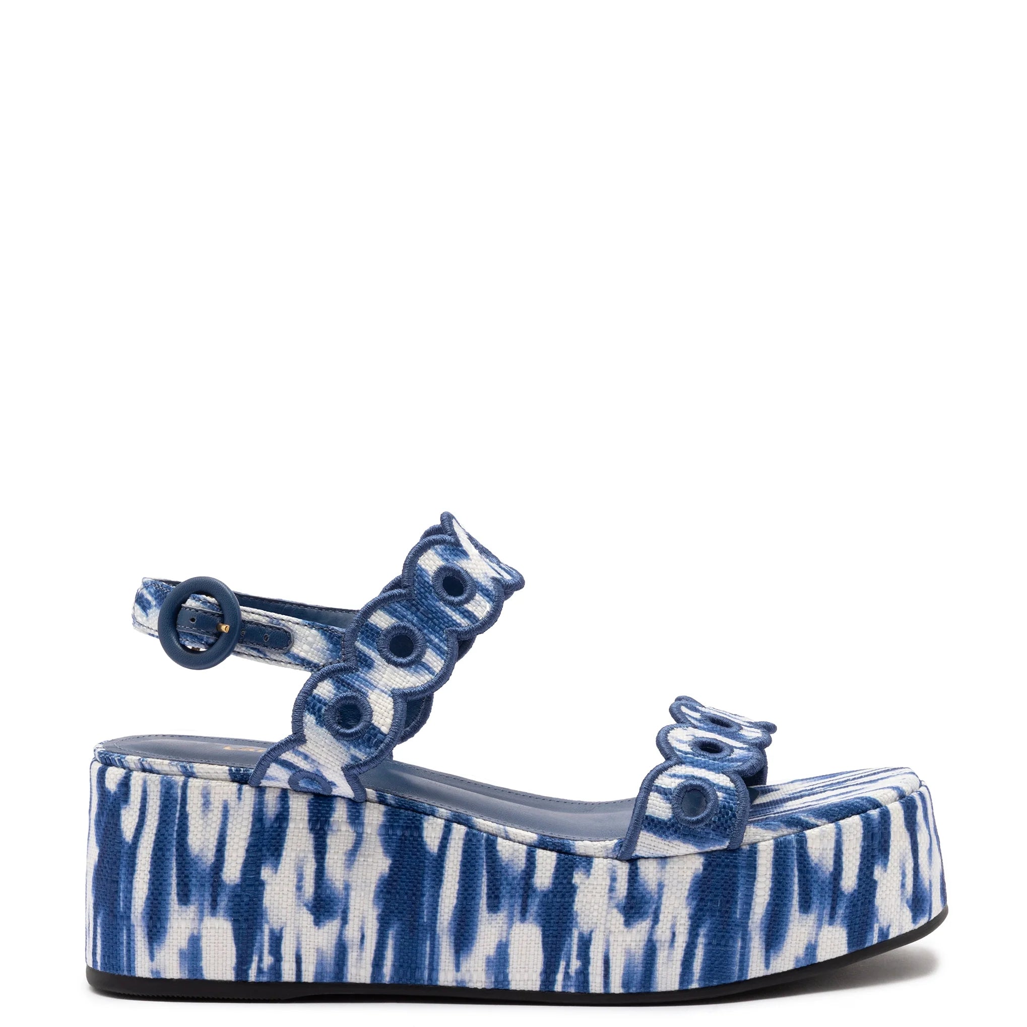 Larroude Florence Broderie Flatform Sandal In Tie Dye Blue Raffia