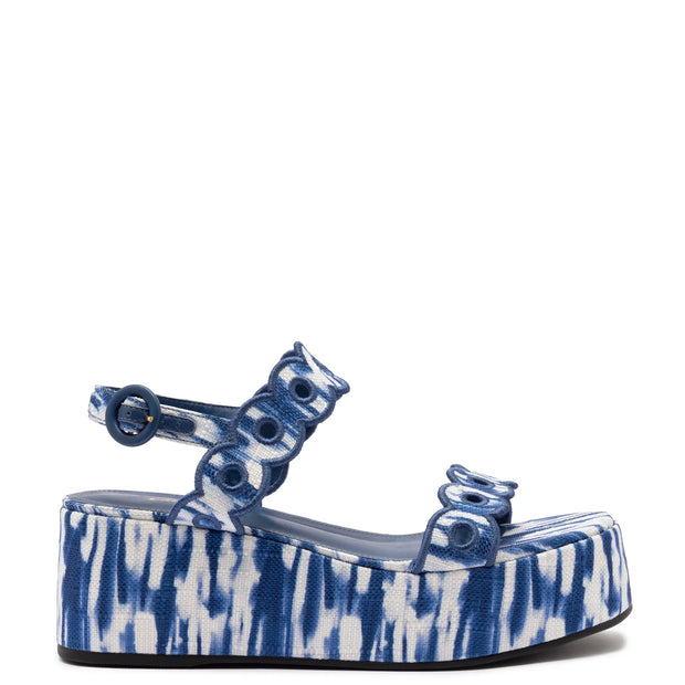 Larroude Florence Broderie Flatform Sandal In Tie Dye Blue Raffia