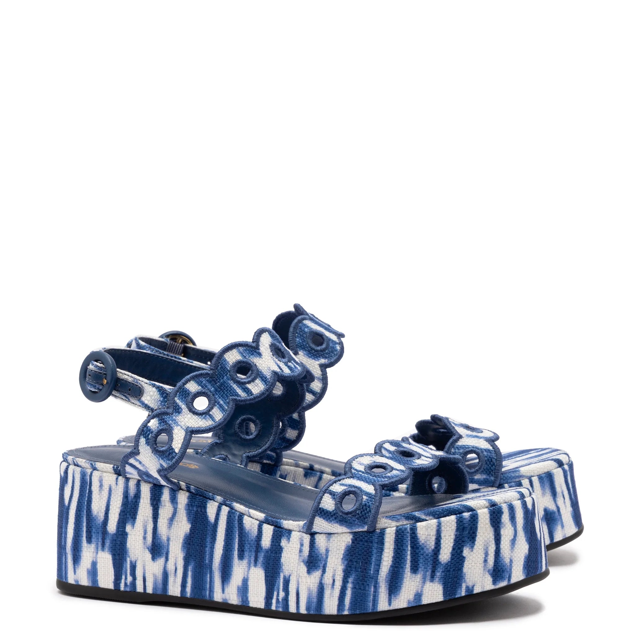 Larroude Florence Broderie Flatform Sandal In Tie Dye Blue Raffia