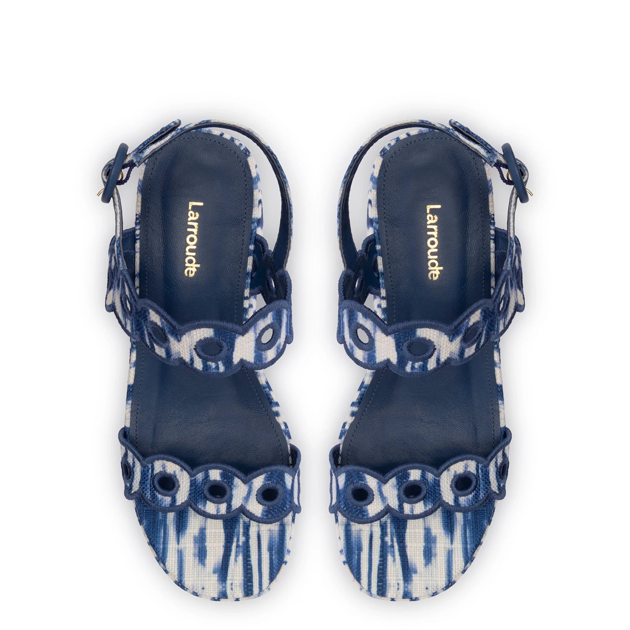 Larroude Florence Broderie Flatform Sandal In Tie Dye Blue Raffia