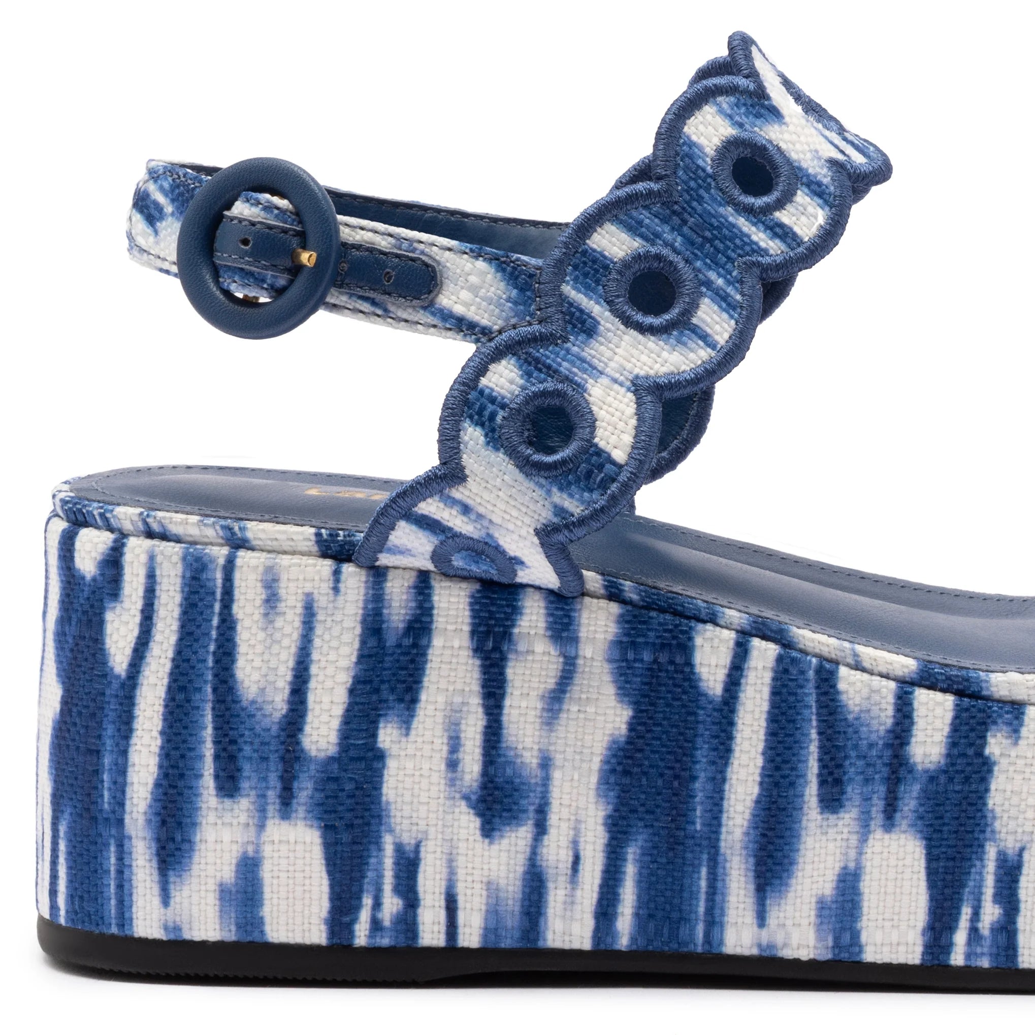 Larroude Florence Broderie Flatform Sandal In Tie Dye Blue Raffia