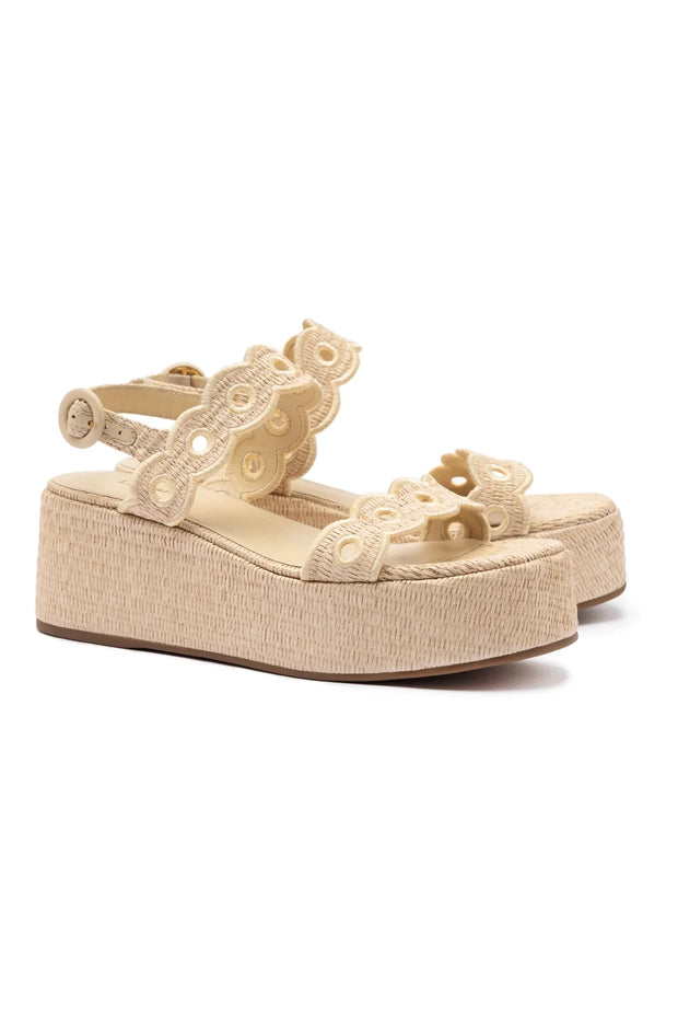 Larroude Florence Broderie Flatform In Natural Raffia