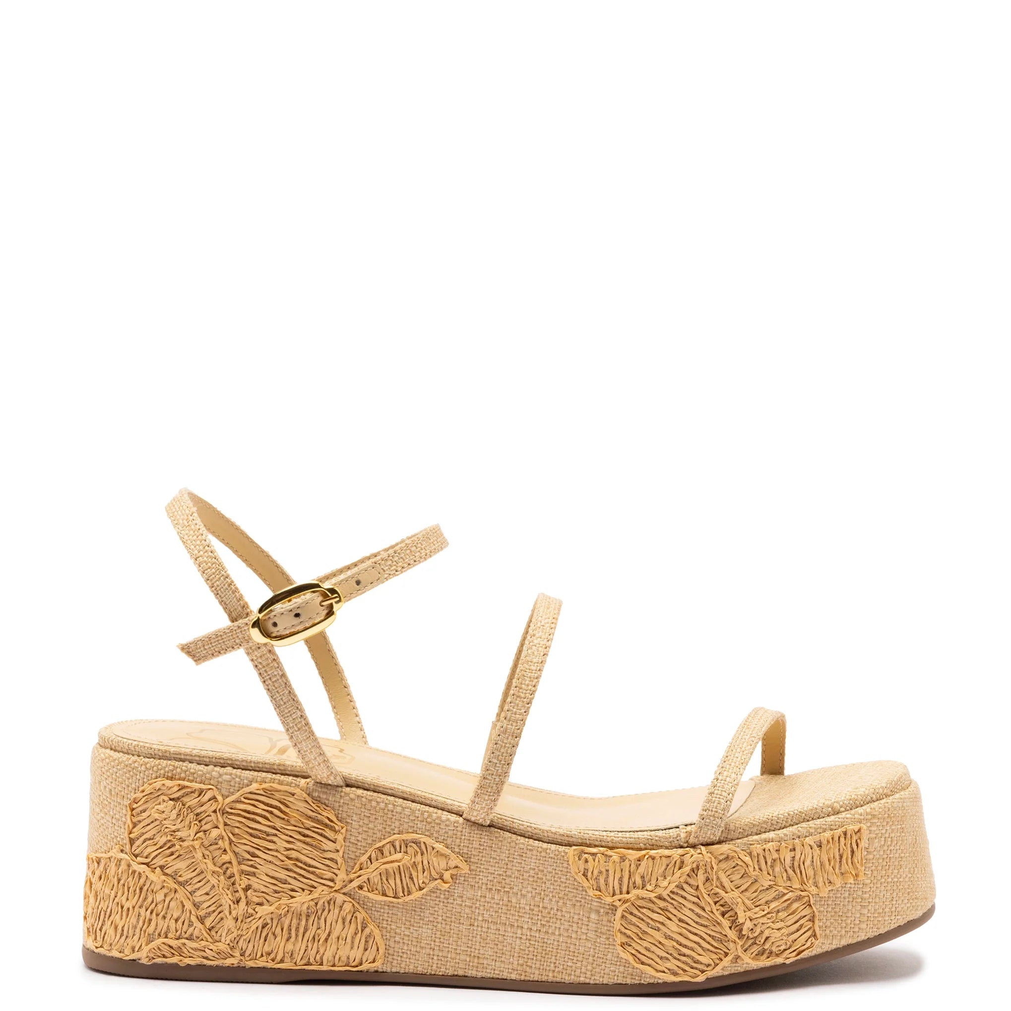 Larroude Gio Flatform In Beige Raffia and Hibiscus Embroidery