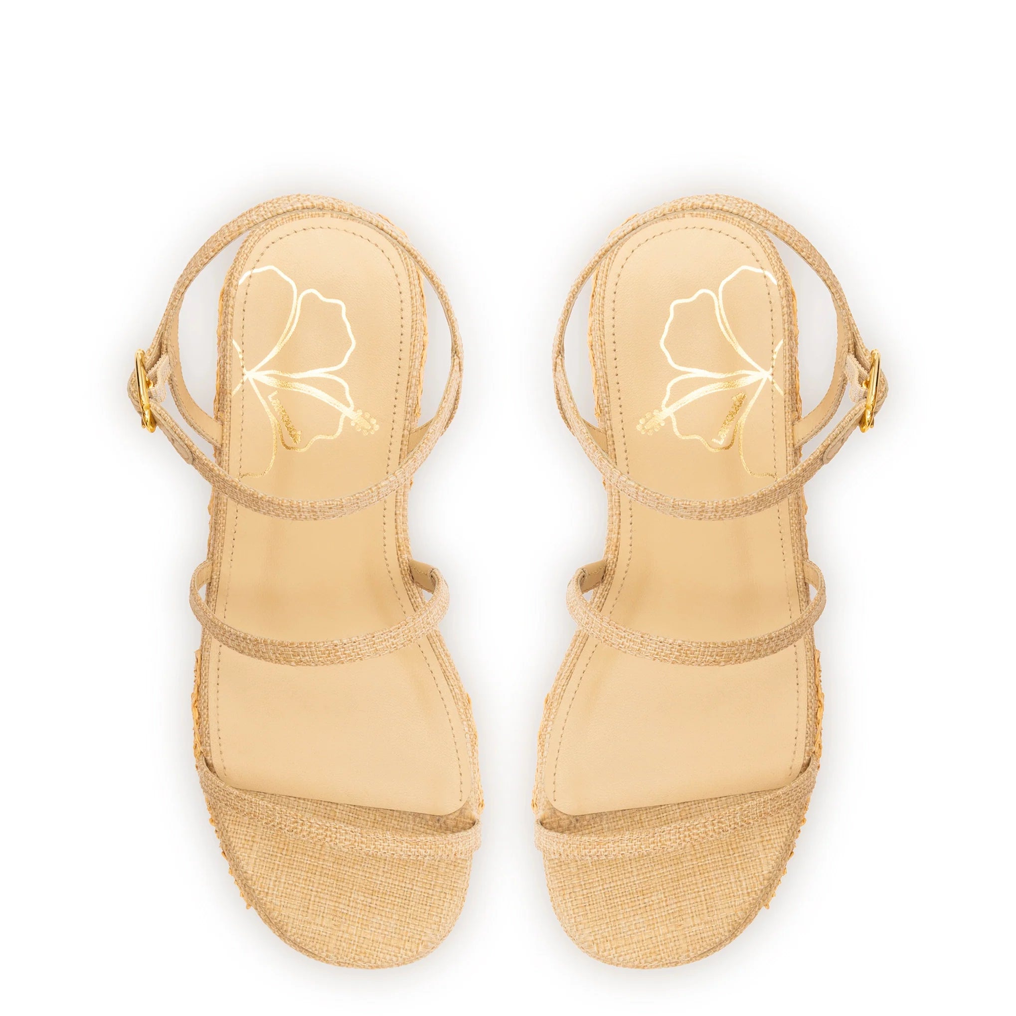 Larroude Gio Flatform In Beige Raffia and Hibiscus Embroidery