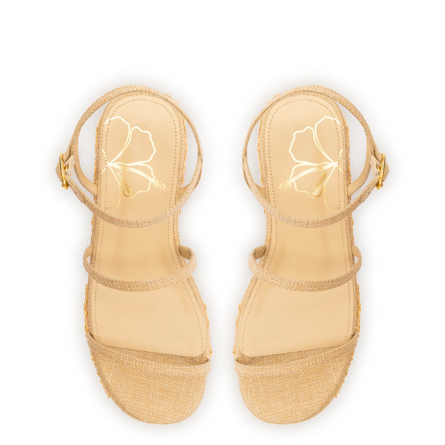 Larroude Gio Flatform In Beige Raffia and Hibiscus Embroidery