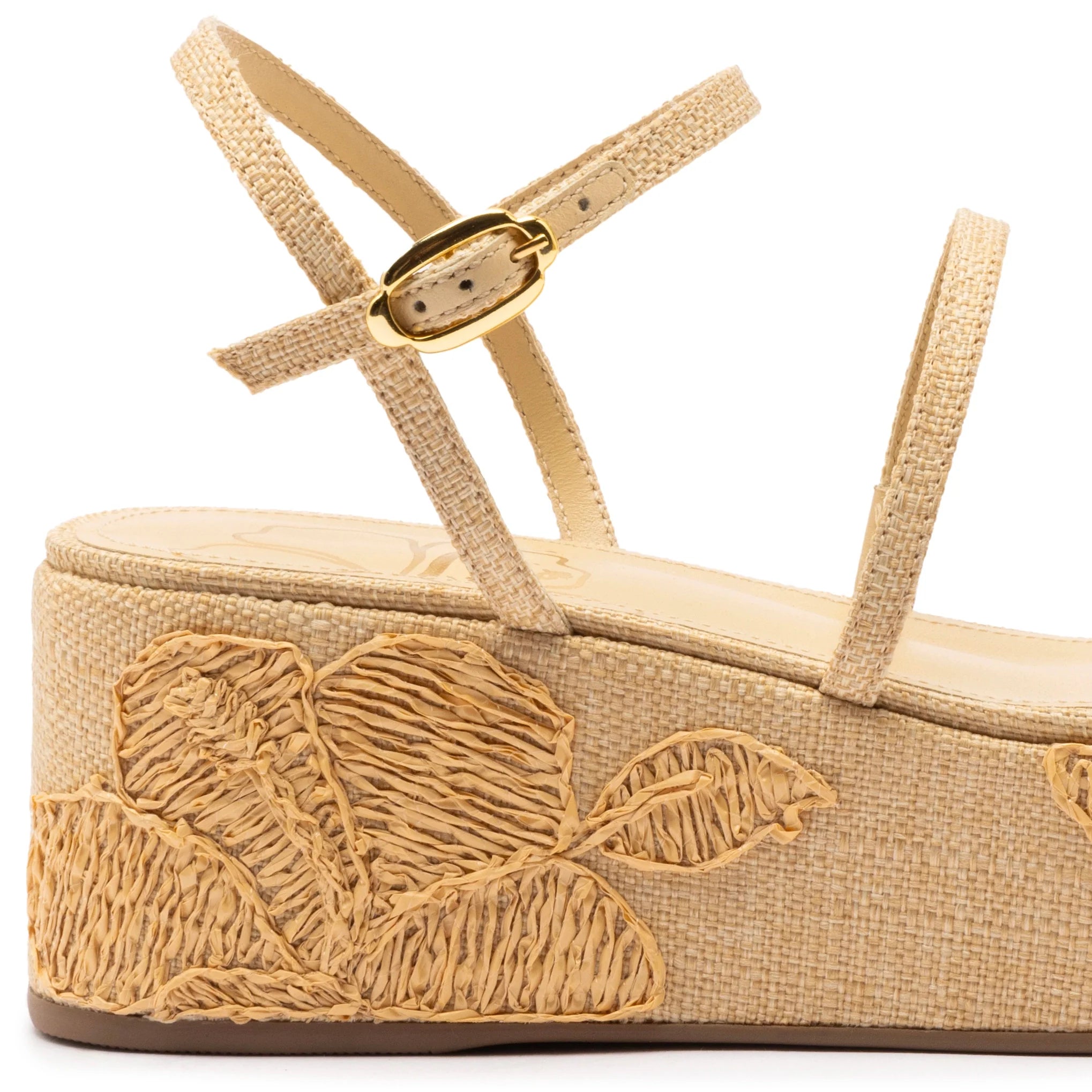 Larroude Gio Flatform In Beige Raffia and Hibiscus Embroidery