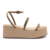 Larroude Gio Flatform Sandal In Natural Raffia And Hazelnut Trimming