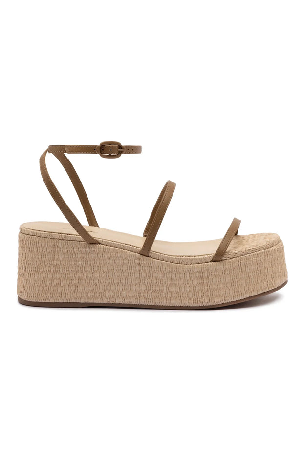 Larroude Gio Flatform Sandal In Natural Raffia And Hazelnut Trimming