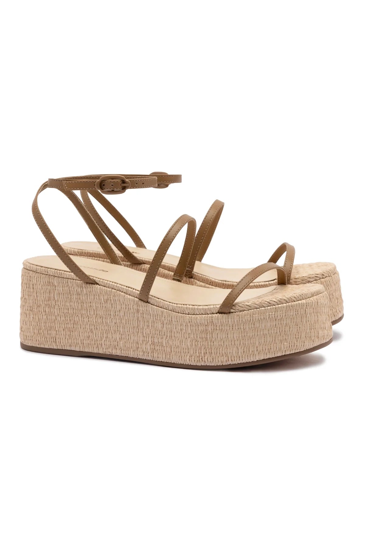 Larroude Gio Flatform Sandal In Natural Raffia And Hazelnut Trimming